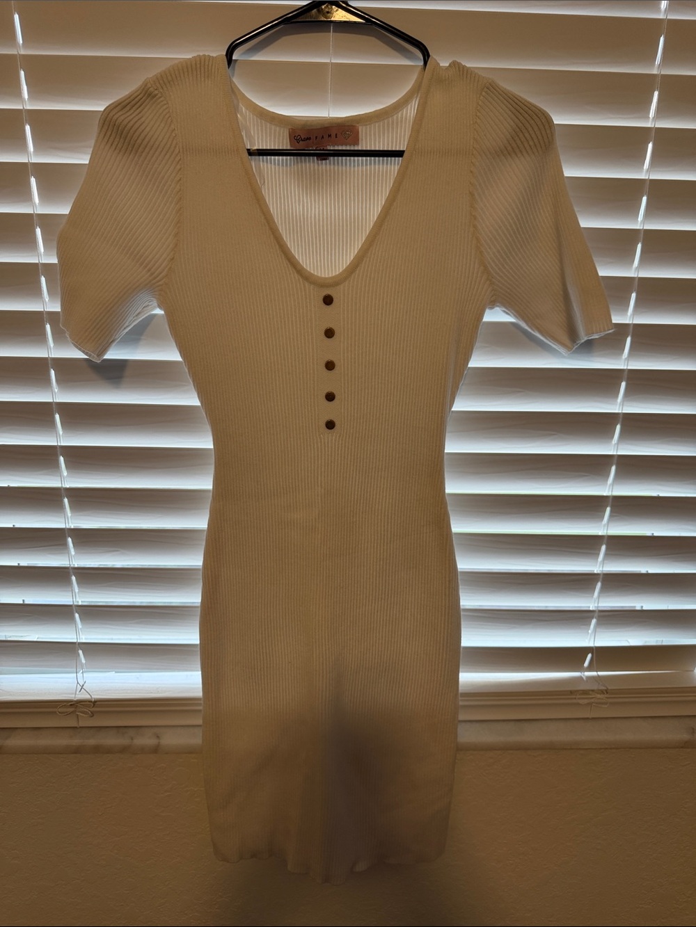 Crave Fame Cream Ribbed Button-Accent Short Sleeve Dress